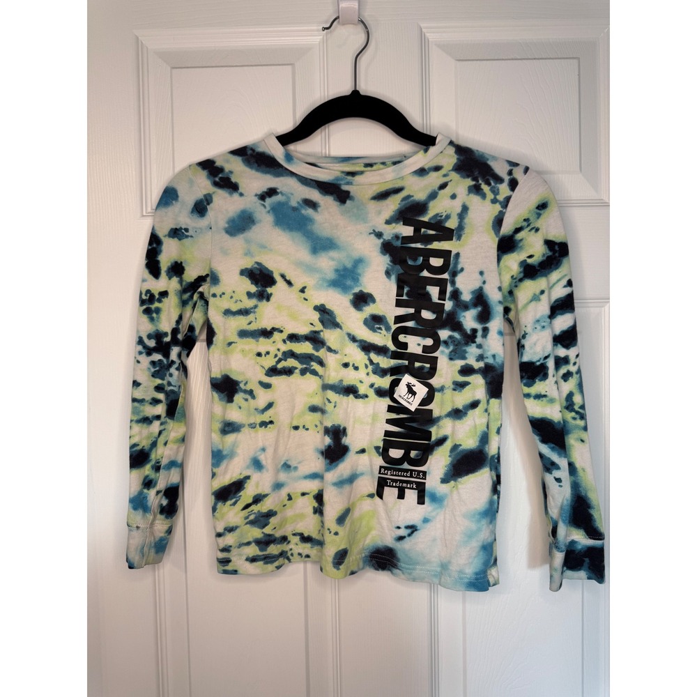 Abercrombie Kids Blue Green Tie Dye Long Sleeve Graphic Logo Tee Shirt 7/8